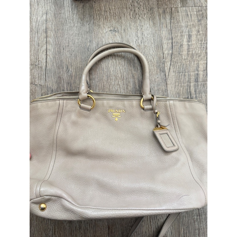 Prada Vitello Phenix Argilla Grey Pebbled Leather Tote Bag Gold Hardware 1BA063